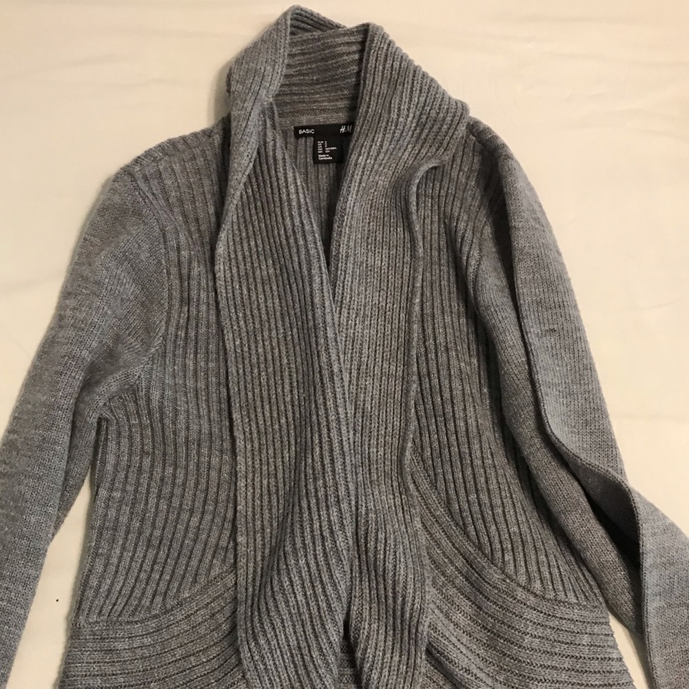 Gray cardigan sits just below the waist.  Looks nice with jeans or trousers.